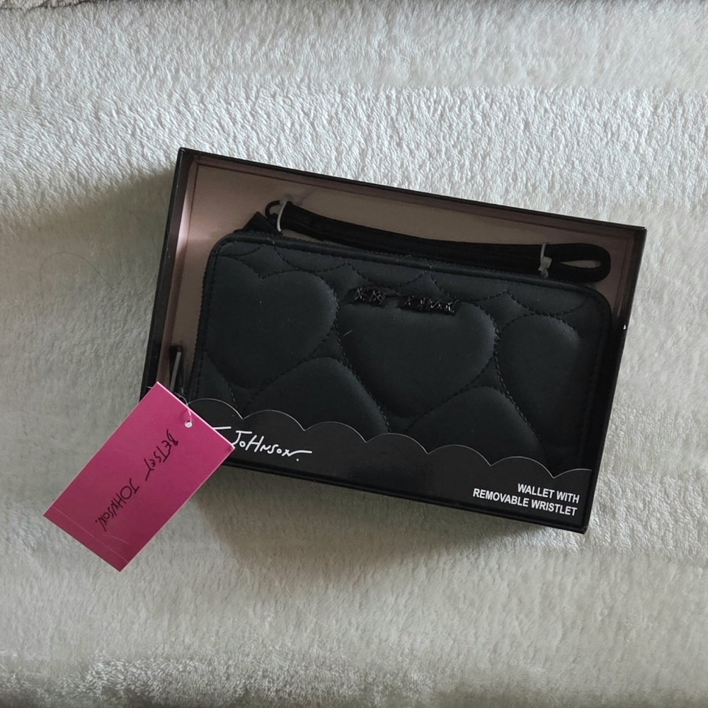 Betsy Johnson Quilted Black Hearts Wallet With Removable Wristlet in Box